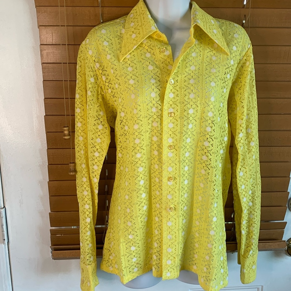Vintage Oleg Cassini by Burma yellow white lace shirt